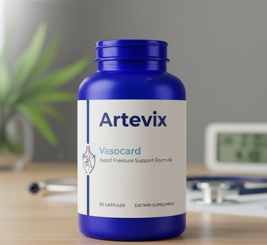 glantur s Vasocard - kvalitní přírodní doplněk stravy v elegantním balení s červeno-bílým designem, zobrazující moderní láhev nebo krabičku s výrazným logem a informacemi o složení pro podporu kardiovaskulárního zdraví